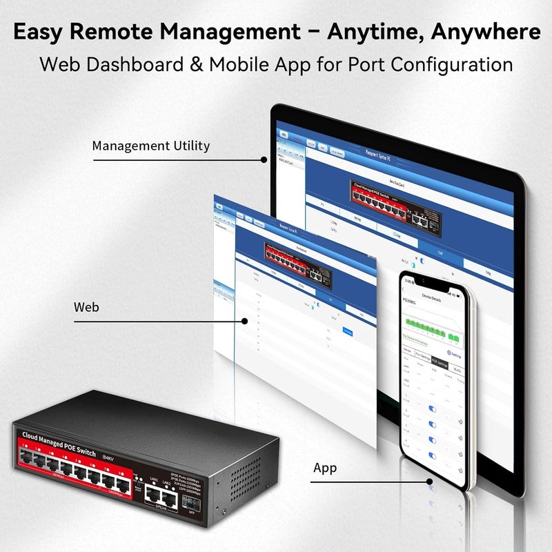 STEAMEMO 8 Port PoE+ Switch | Easy Smart Managed Ethernet Switch | Support VLAN, QoS | 120W Total PoE Budget | Fanless Metal | Plug & Play (Desktop/Wall Mount) - Image 4